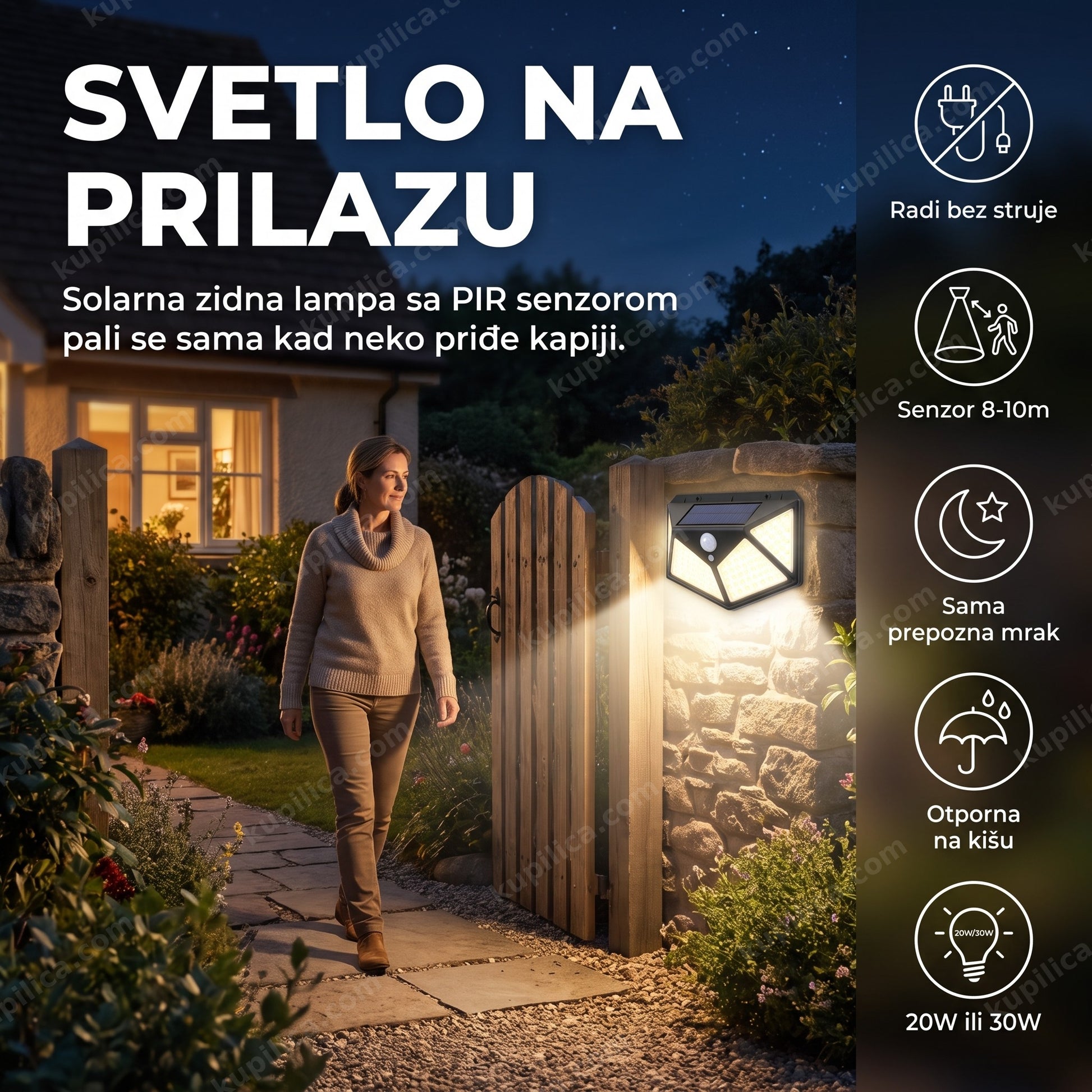 solarna zidna lampa sa senzorom pokreta — žena prilazi kapiji noću, benefiti proizvoda