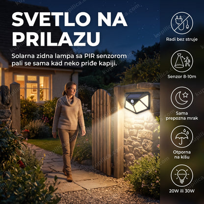solarna zidna lampa sa senzorom pokreta — žena prilazi kapiji noću, benefiti proizvoda