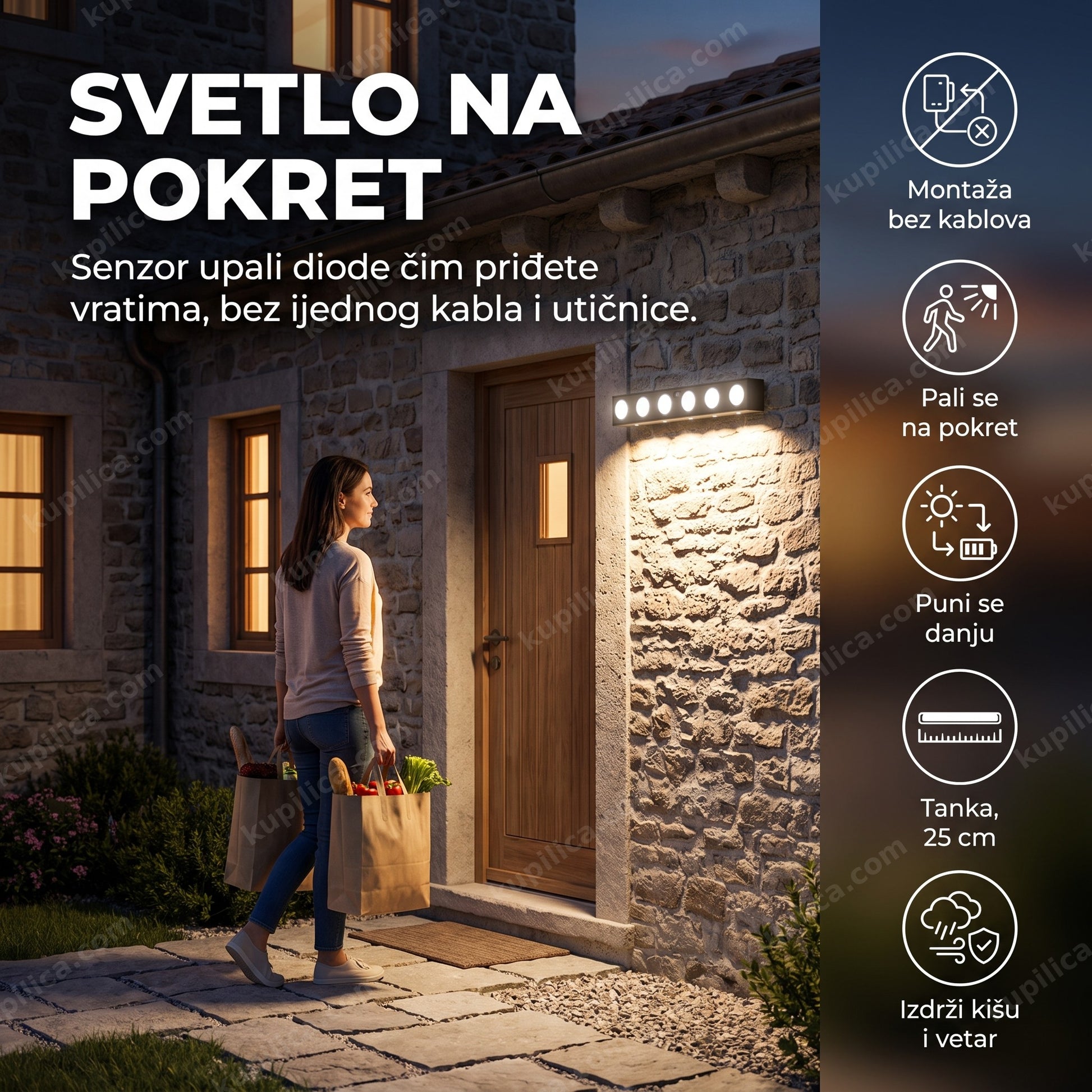 solarna zidna lampa sa senzorom pokreta — žena sa kesama prilazi ulaznim vratima uveče, lampa na zidu se pali, 6 led dioda