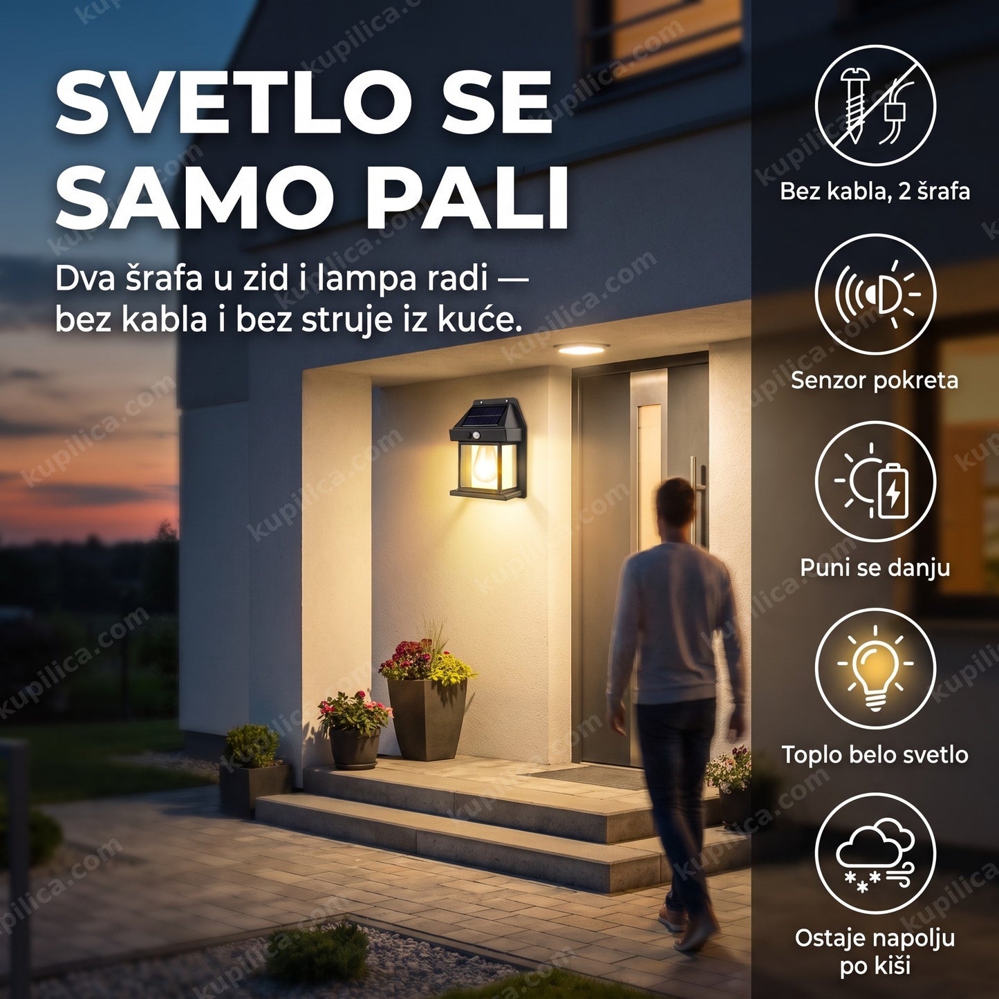 solarna lampa fenjer BK-888 sa senzorom pokreta — zidna lampa osvetljava ulaz u kuću u sumrak