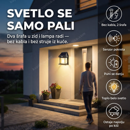 solarna lampa fenjer BK-888 sa senzorom pokreta — zidna lampa osvetljava ulaz u kuću u sumrak