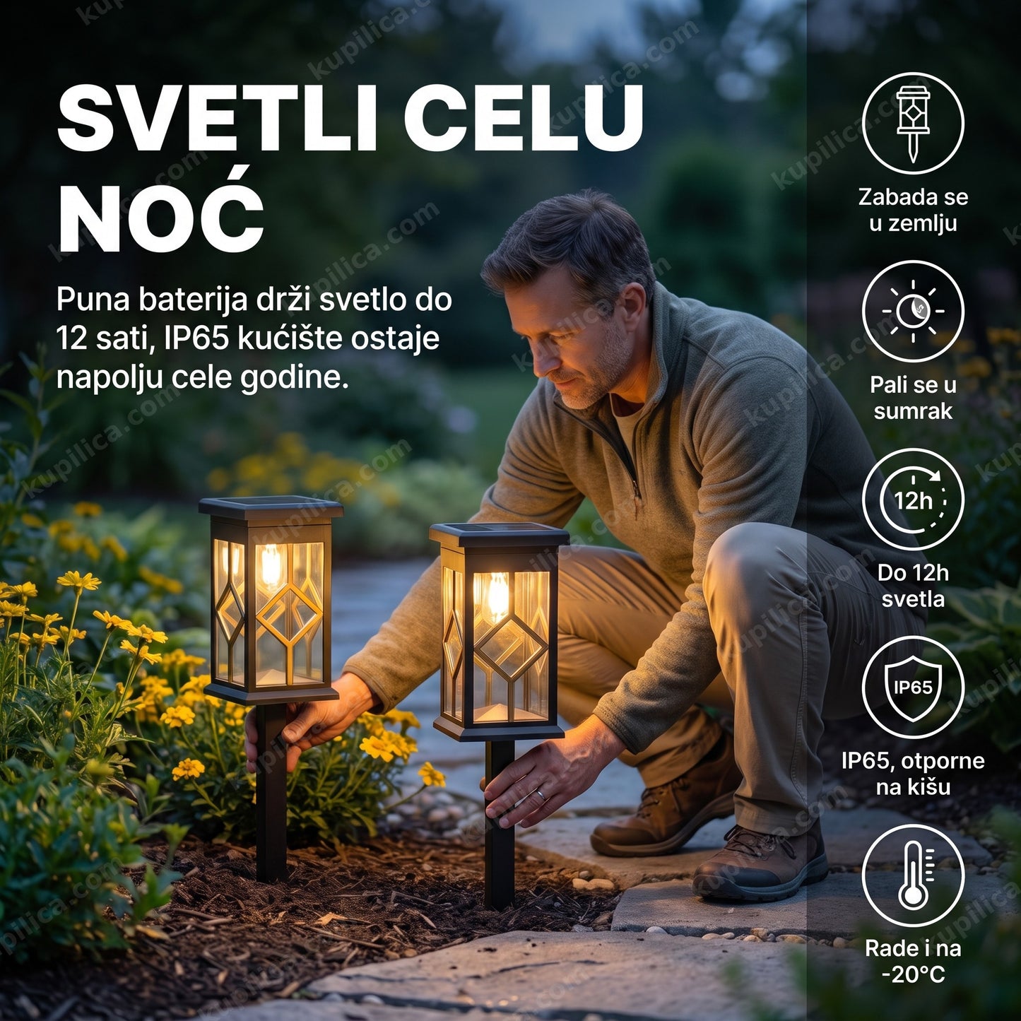 solarne baštenske lampe fenjer set od 2 komada — muškarac postavlja lampe duž staze u sumrak, ip65 kućište, do 12 sati svetla