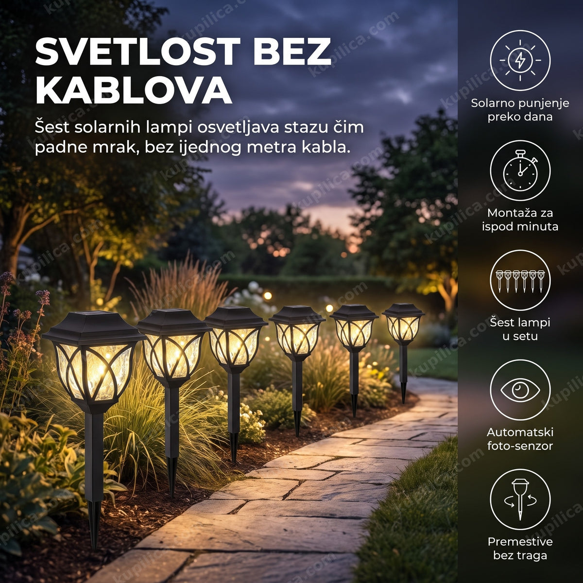 solarne baštenske lampe za dvorište uveče osvetljavaju baštensku stazu, benefiti proizvoda