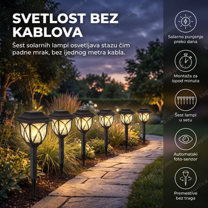 solarne baštenske lampe za dvorište uveče osvetljavaju baštensku stazu, benefiti proizvoda