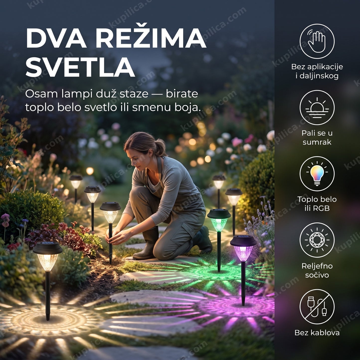 solarne baštenske lampe rgb set od 8 komada — žena postavlja lampe duž staze u sumrak, dva režima svetla, reljefno sočivo