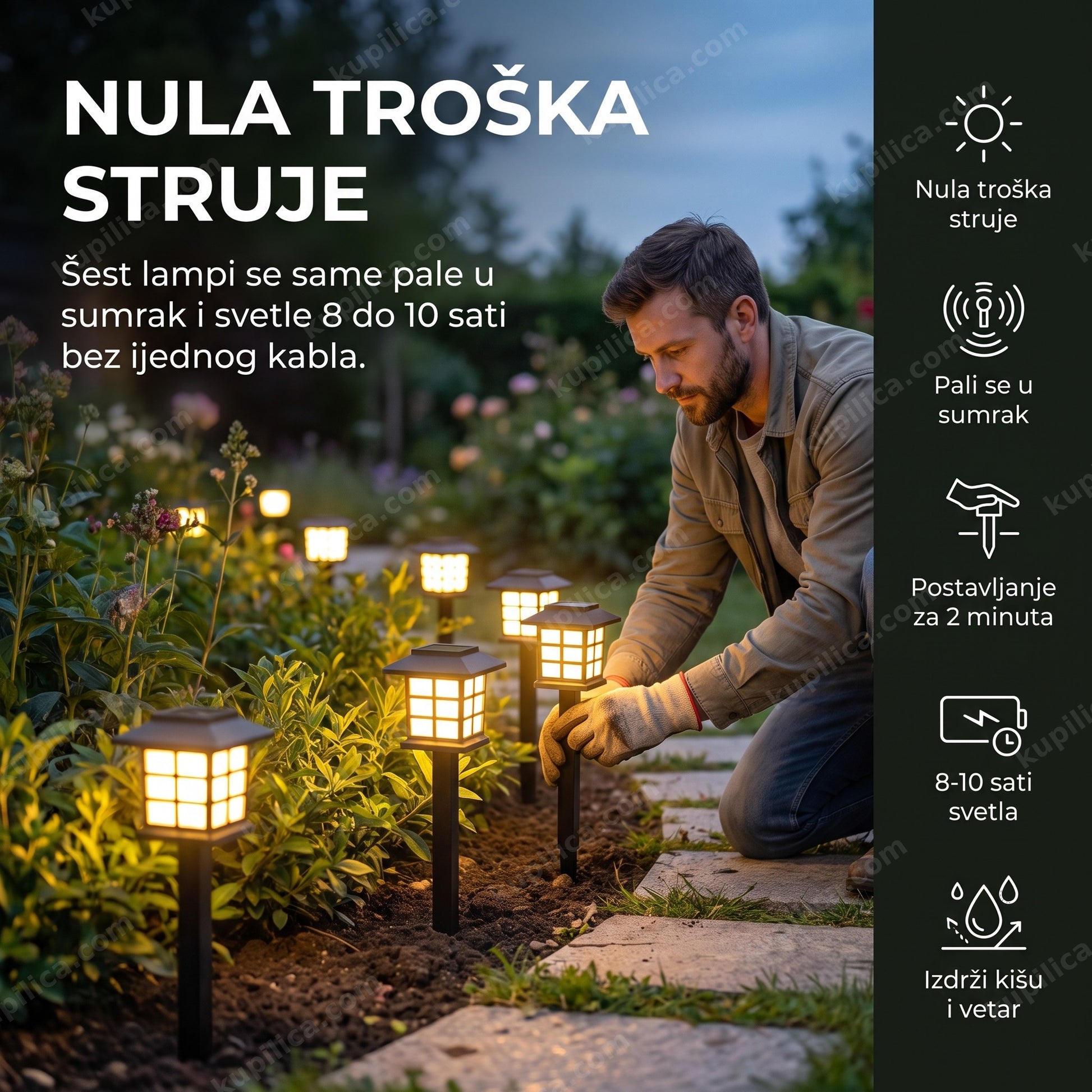 solarne baštenske lampe sb34 set od 6 komada — muškarac postavlja lampe duž staze rukom, bez alata, 8 do 10 sati svetla