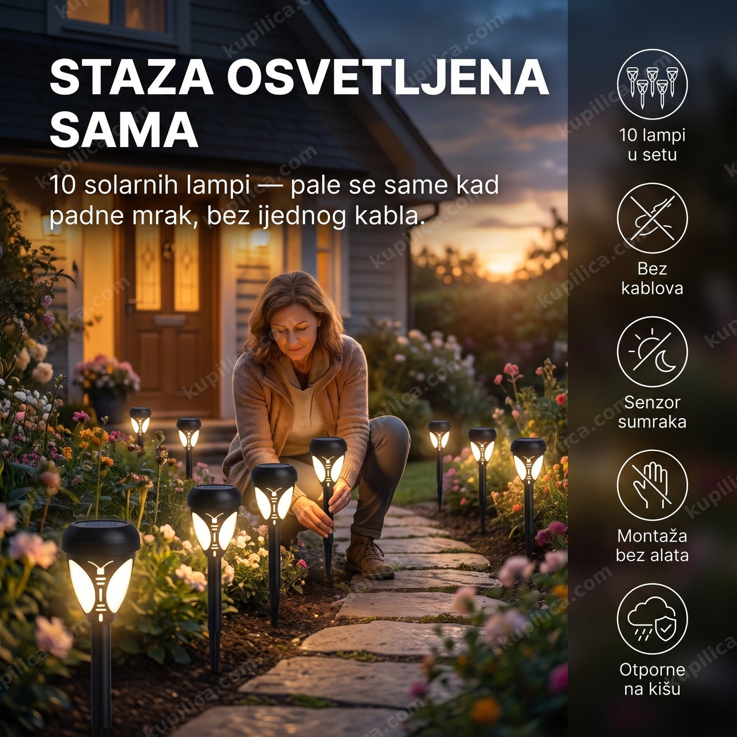 set solarnih baštenskih LED lampi — žena postavlja lampe duž staze u sumrak, deset komada bez kablova