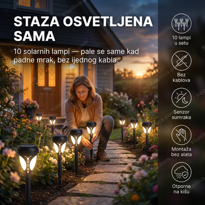 set solarnih baštenskih LED lampi — žena postavlja lampe duž staze u sumrak, deset komada bez kablova