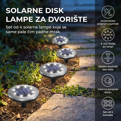 Četiri solarne disk lampe osvetljavaju baštensku stazu u sumrak, benefiti proizvoda