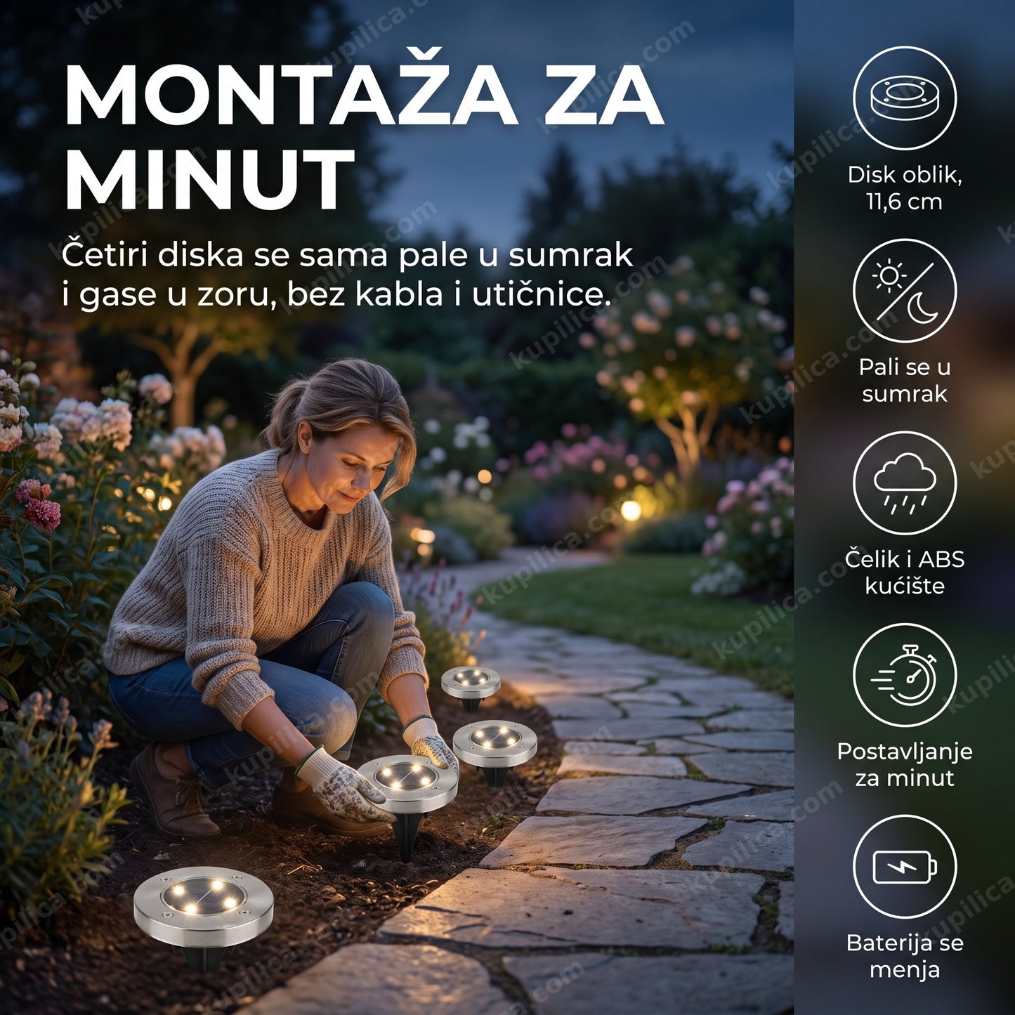 solarne disk lampe za dvorište set 4 komada — žena postavlja diskove duž staze u sumrak, čelik i abs kućište