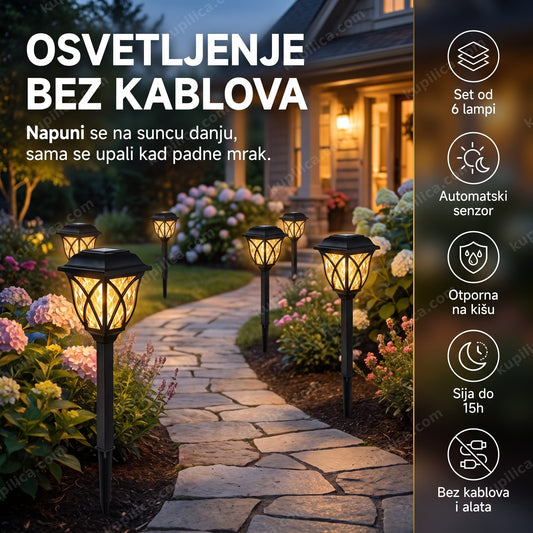 Solarne lampe fenjer za baštu set od 6 komada duž baštenske staze uveče