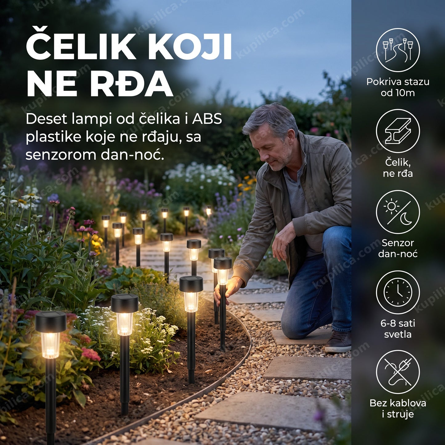 solarne lampe za baštu 10 komada — muškarac postavlja ubodne led lampe duž staze u sumrak, čelik i abs kućište, senzor dan-noć