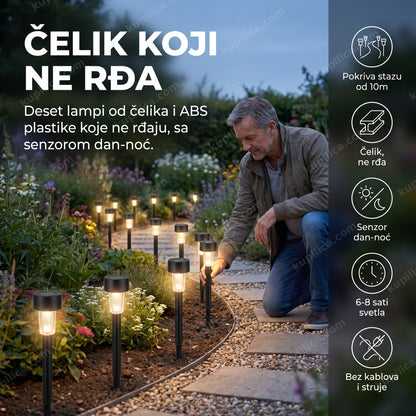 solarne lampe za baštu 10 komada — muškarac postavlja ubodne led lampe duž staze u sumrak, čelik i abs kućište, senzor dan-noć