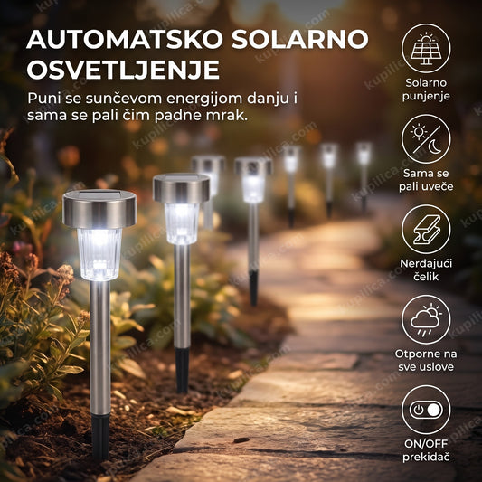 solarne lampe za baštu postavljene duž staze u dvorištu uveče, benefiti proizvoda