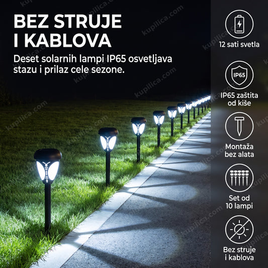 Deset solarnih lampi za baštu duž ivice travnjaka noću, benefiti proizvoda