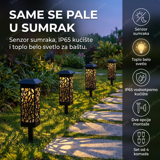 Solarne lampe za baštu pored staze u sumrak, toplo svetlo, benefiti proizvoda