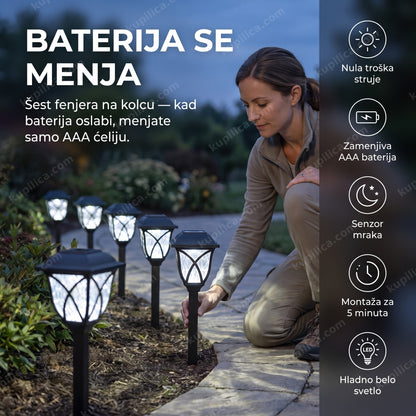 solarne lampe za dvorište 6 komada — žena postavlja baštenske led fenjere duž staze u sumrak, zamenjiva aaa baterija