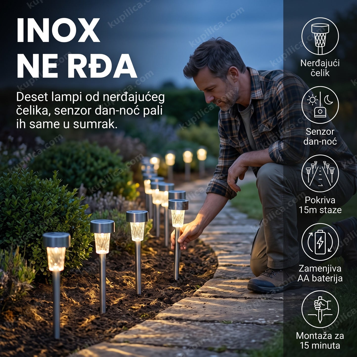 solarne lampe za dvorište inox 10 komada — muškarac postavlja lampe od nerđajućeg čelika duž staze, senzor dan-noć