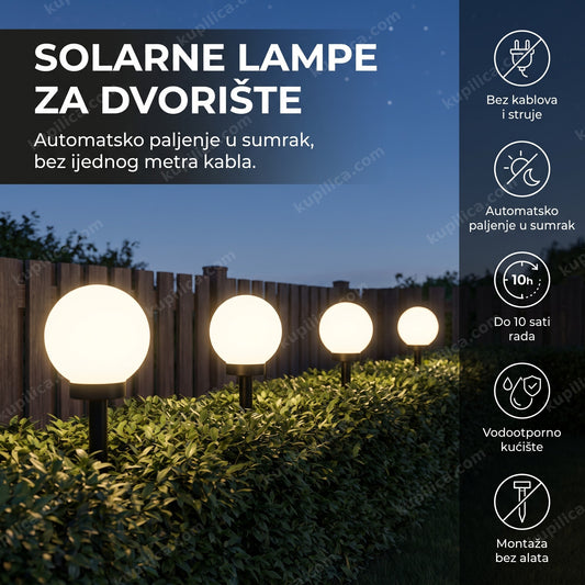 Solarne lampe za dvorište u nizu uz baštensku ogradu u sumrak