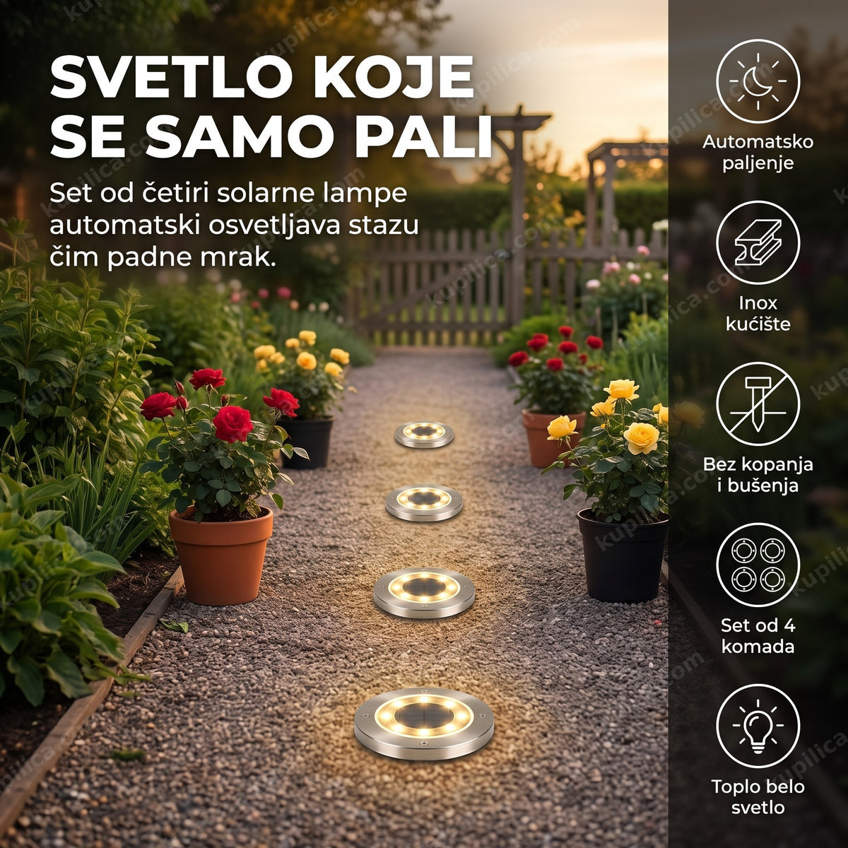 solarne lampe za dvorište postavljene duž staze, upaljene uveče, prikaz benefita proizvoda