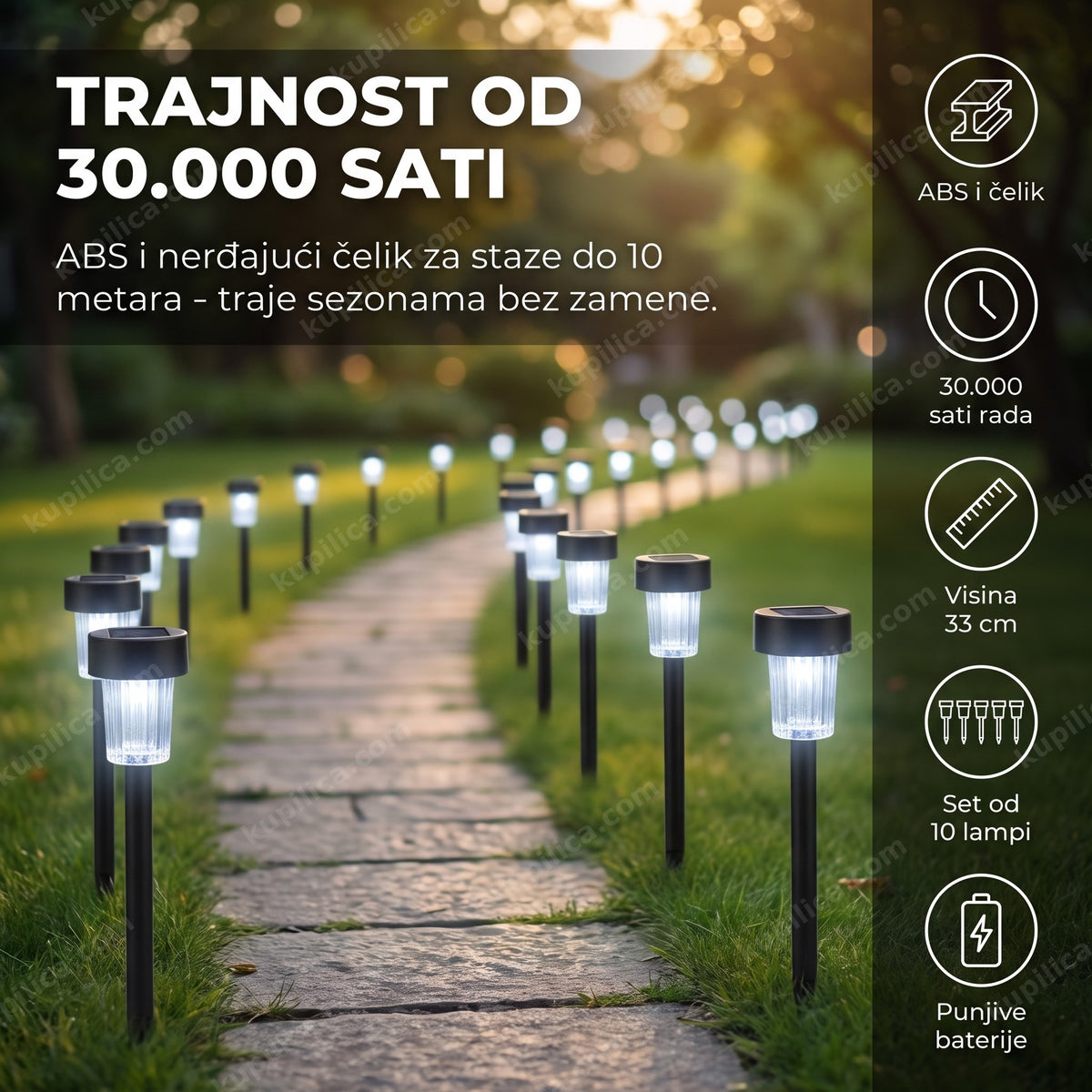 Solarne lampe za dvorište set od 10 komada duž dugačke staze noću, benefiti proizvoda
