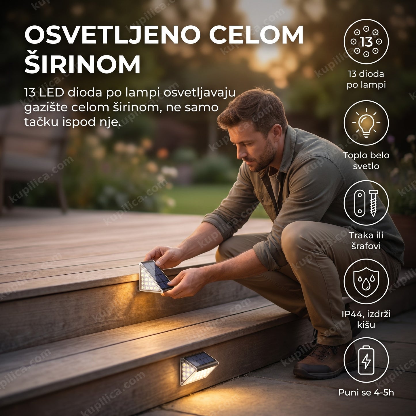 solarne lampe za stepenice 13 led set od 2 komada — muškarac montira lampu na ivicu stepenika, toplo belo svetlo 3000k