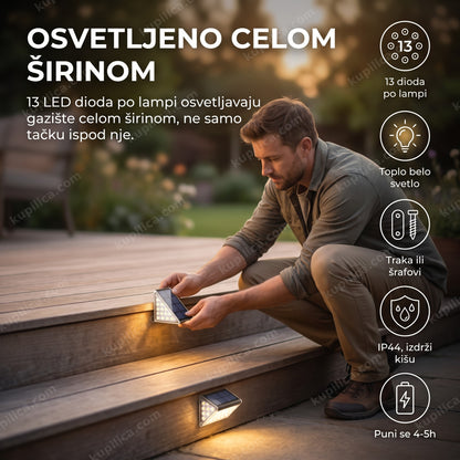 solarne lampe za stepenice 13 led set od 2 komada — muškarac montira lampu na ivicu stepenika, toplo belo svetlo 3000k