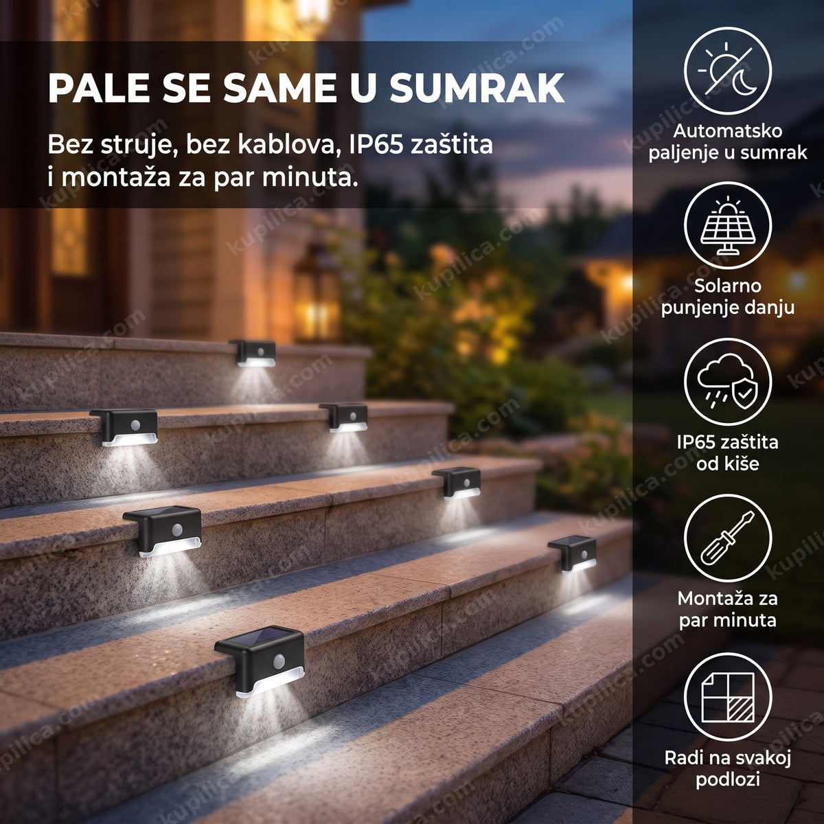 Solarne lampe osvetljavaju spoljne stepenice kuće u sumrak, benefiti proizvoda
