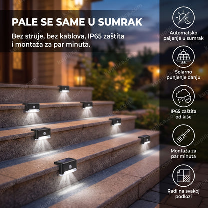 Solarne lampe osvetljavaju spoljne stepenice kuće u sumrak, benefiti proizvoda