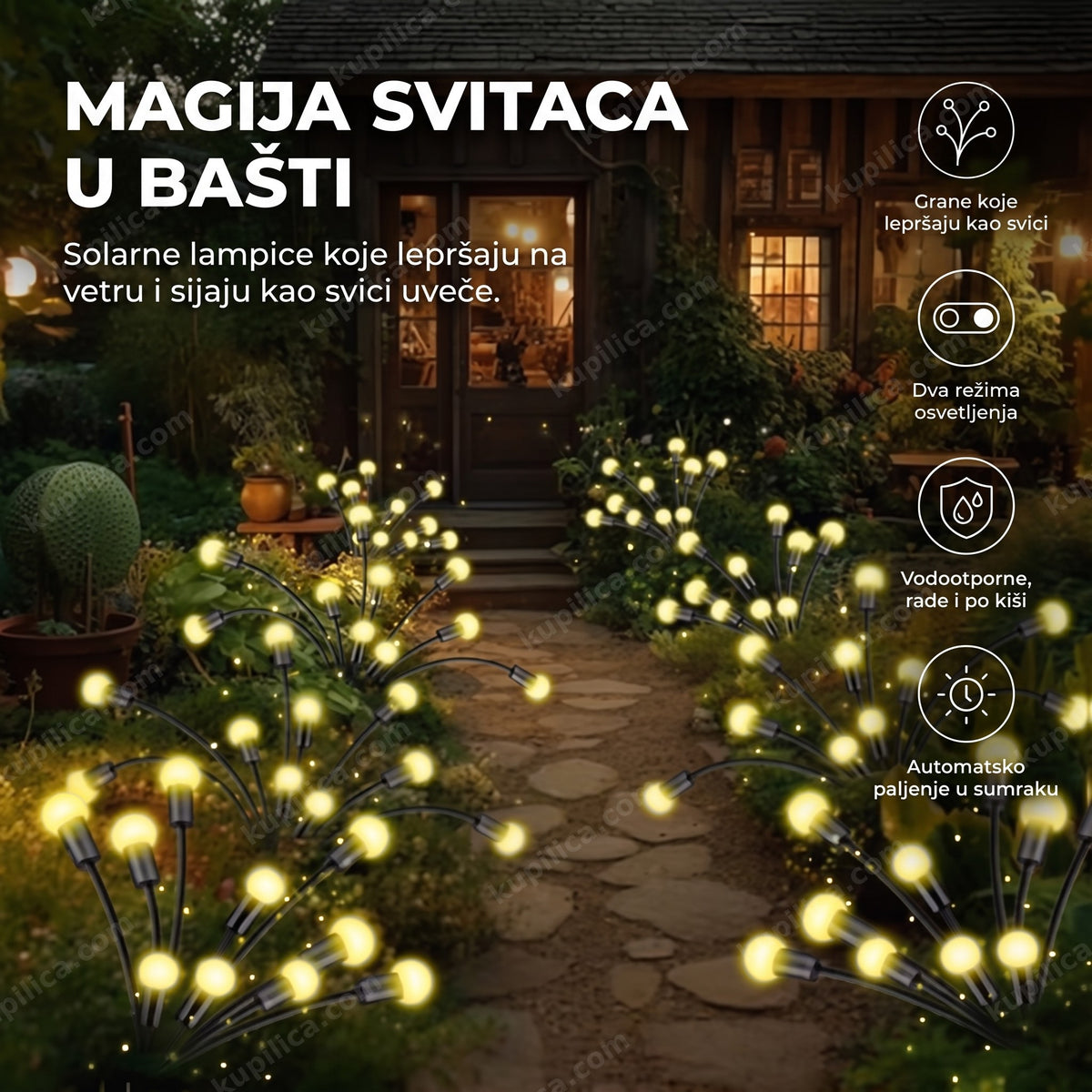 solarne lampice za baštu sa efektom svitaca, staza uveče, benefiti proizvoda