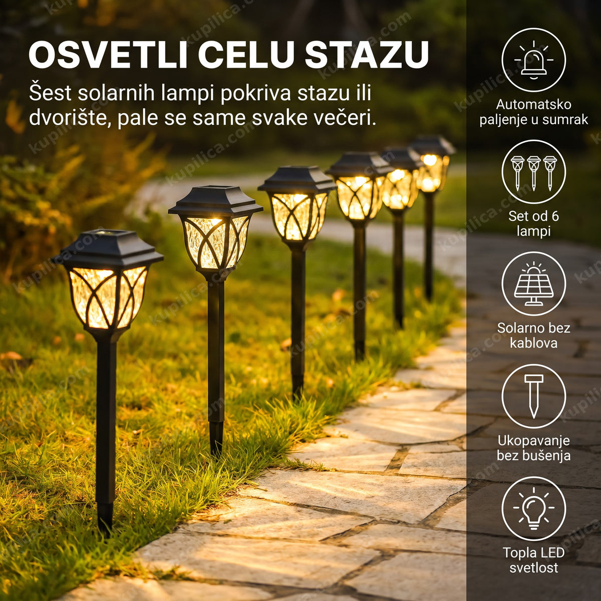 solarne led lampe LUX-03 duž baštenske staze uveče, prikaz benefiti proizvoda