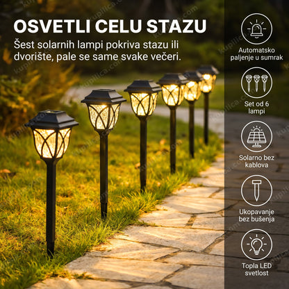solarne led lampe LUX-03 duž baštenske staze uveče, prikaz benefiti proizvoda