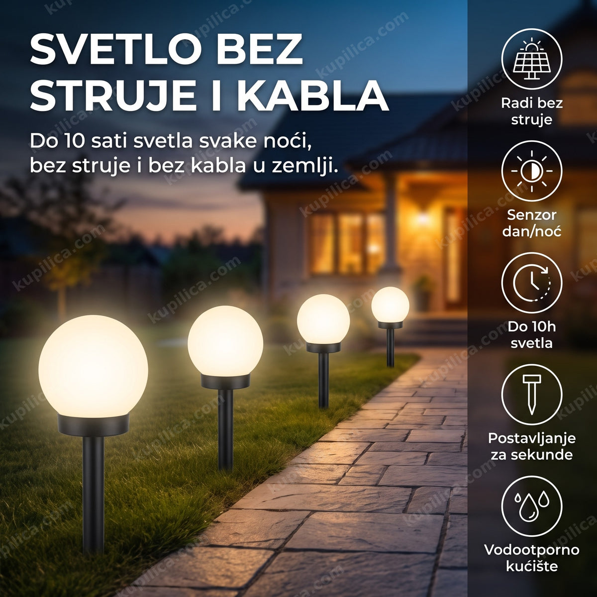 solarne led lampe za baštu postavljene duž staze u sumrak, benefiti proizvoda