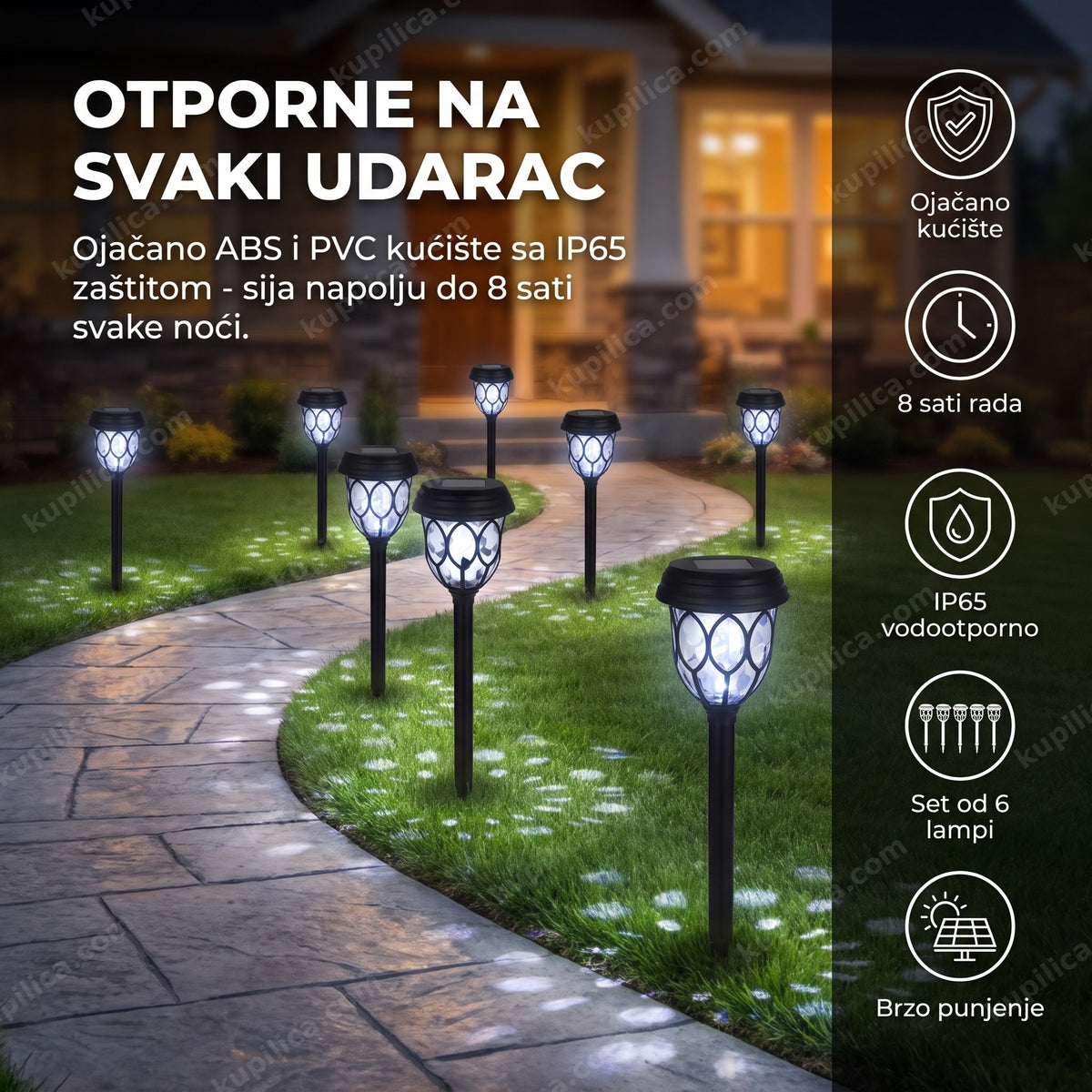 Solarne led lampe za baštu duž staze u dvorištu u sumrak, benefiti proizvoda
