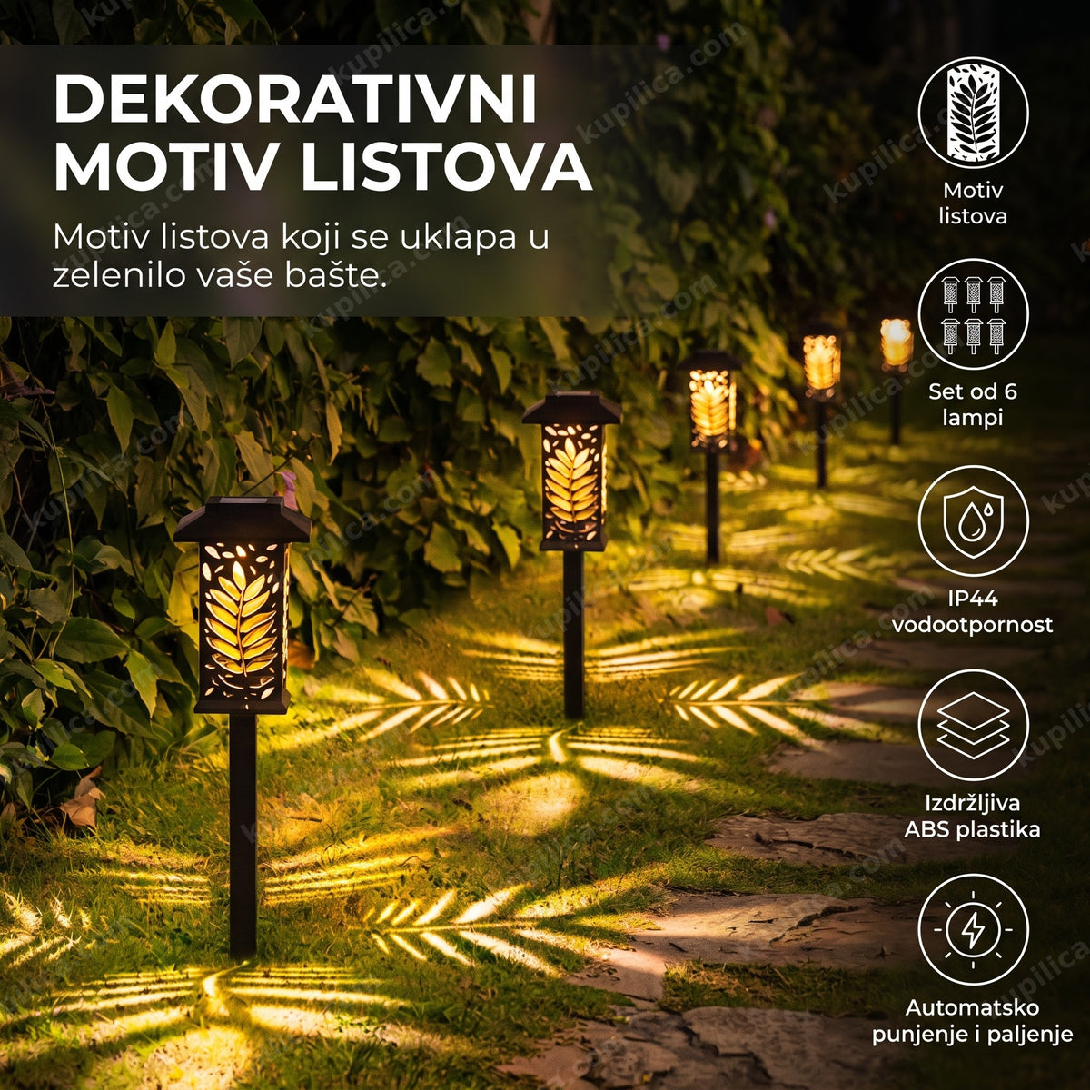 solarne led lampe lux-01 sa motivom listova uz baštensku stazu, benefiti proizvoda