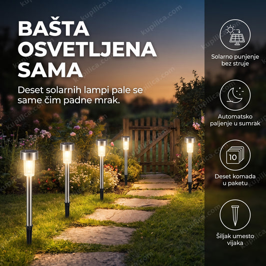 solarne led lampe za baštu postavljene duž staze u sumrak, benefiti proizvoda