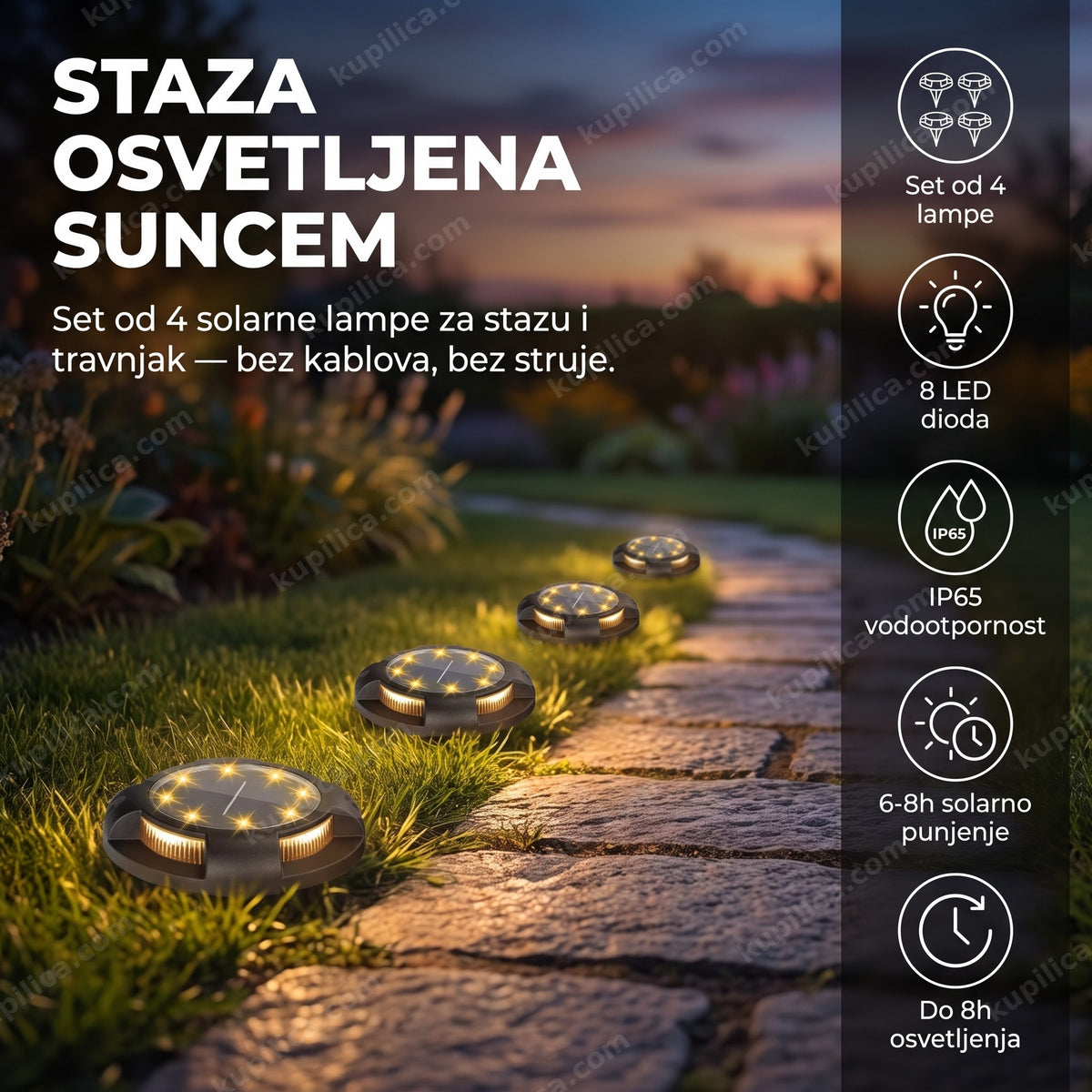 set od 4 solarne led lampe osvetljava baštensku stazu u sumrak, benefiti proizvoda