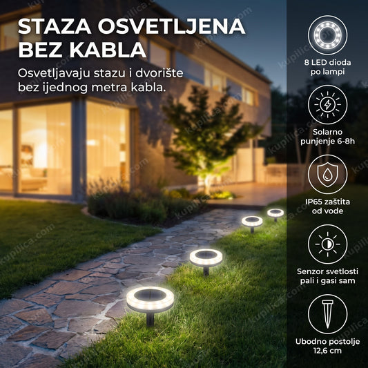 solarne led lampe za dvorište postavljene duž staze uveče, benefiti proizvoda