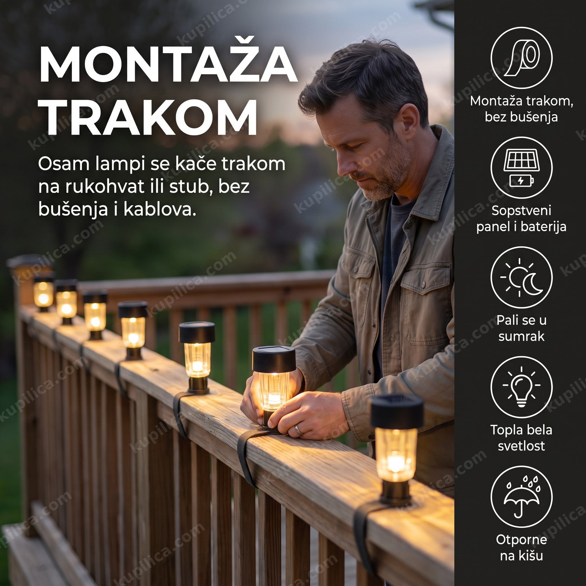 solarne led lampe za ogradu set od 8 — muškarac kači lampe trakom na ogradu terase u sumrak, topla bela svetlost