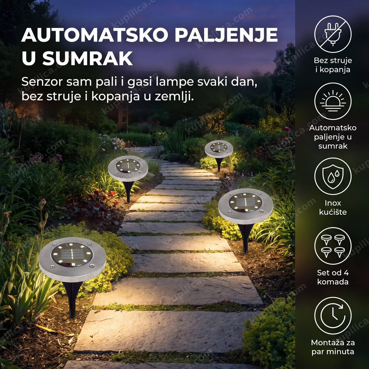 četiri solarne podne led lampe duž staze u dvorištu u sumrak, benefiti proizvoda