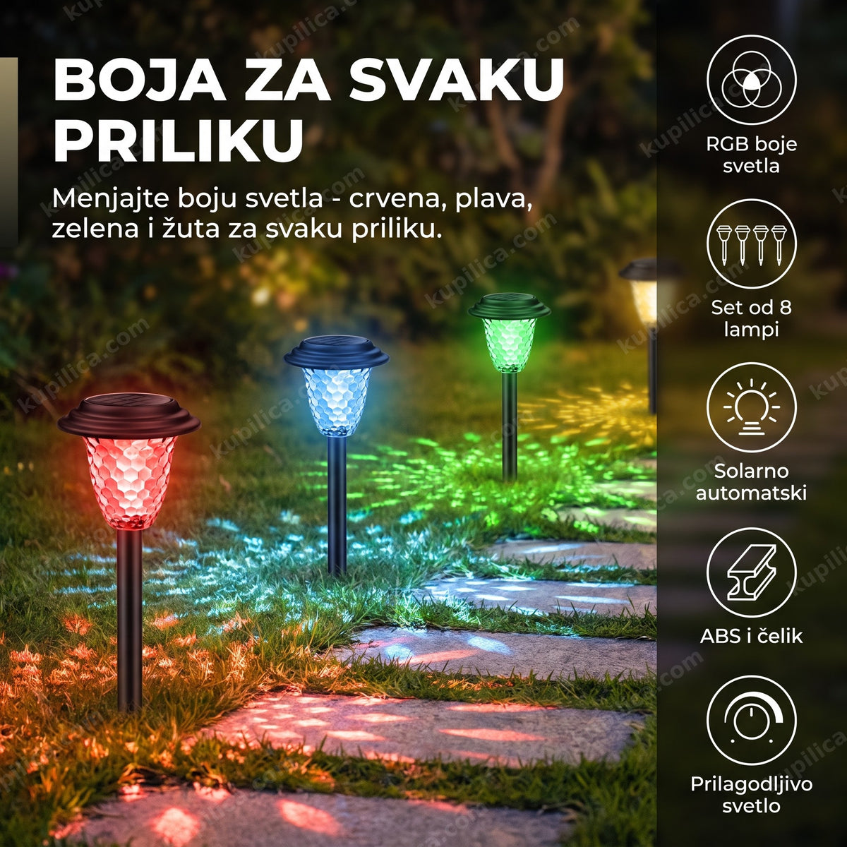 Solarne rgb lampe za baštu u različitim bojama duž staze noću, benefiti proizvoda