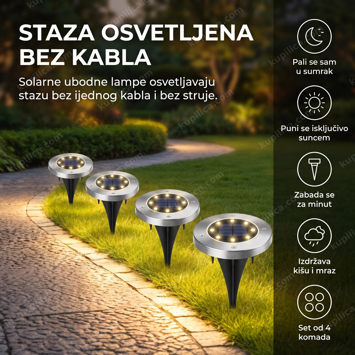 solarne ubodne lampe za baštu — četiri lampe duž baštenske staze uveče, benefiti proizvoda