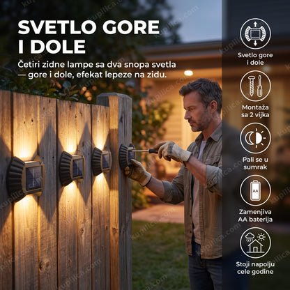 solarne zidne dvostrane lampe b1618a set od 4 komada — muškarac montira lampe na ogradu, svetlo gore i dole, efekat lepeze