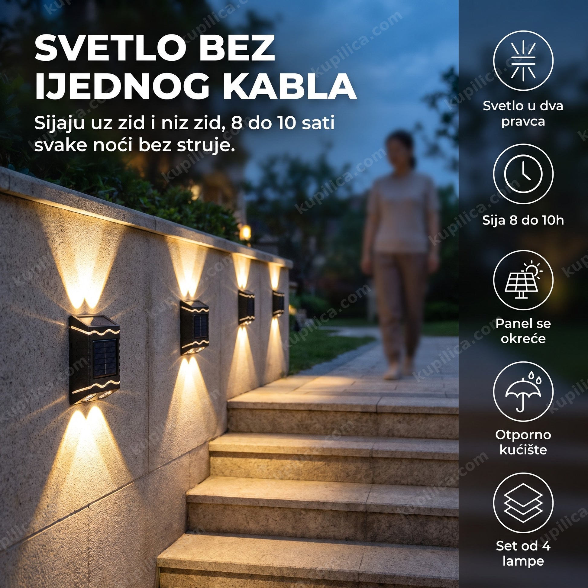 solarne zidne lampe — set od četiri lampe osvetljava zid i stazu u sumrak bez struje