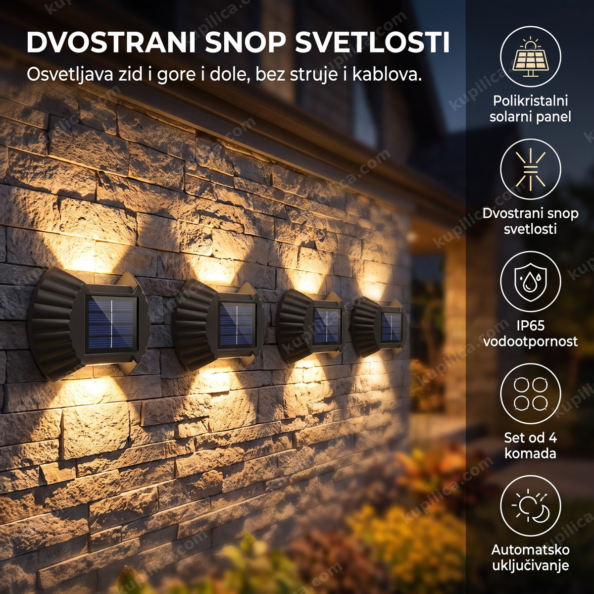 solarne zidne lampe set 4 komada sa dvostranim snopom na fasadi kuće, benefiti proizvoda