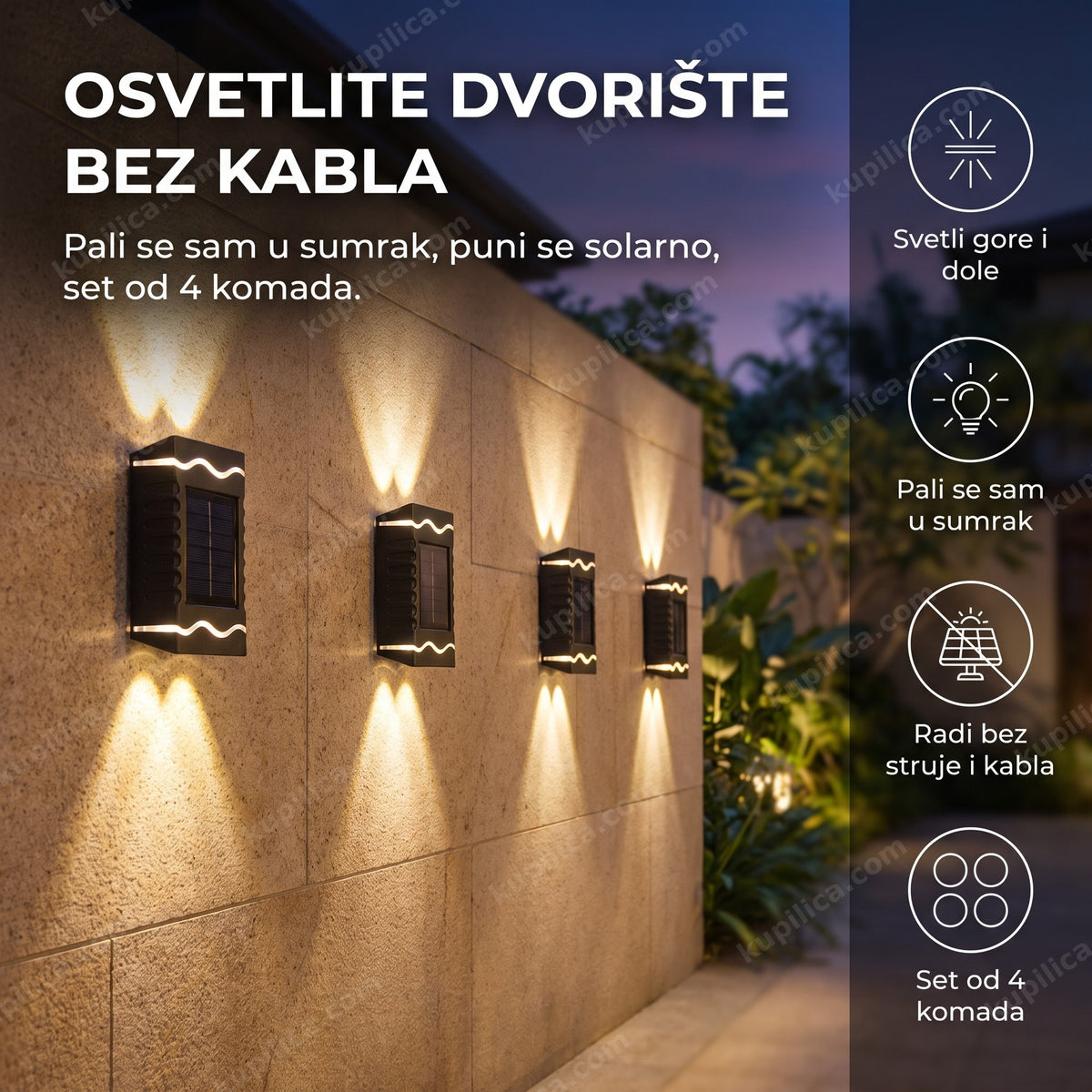 solarne zidne lampe za dvorište osvetljavaju zid u sumrak, benefiti proizvoda