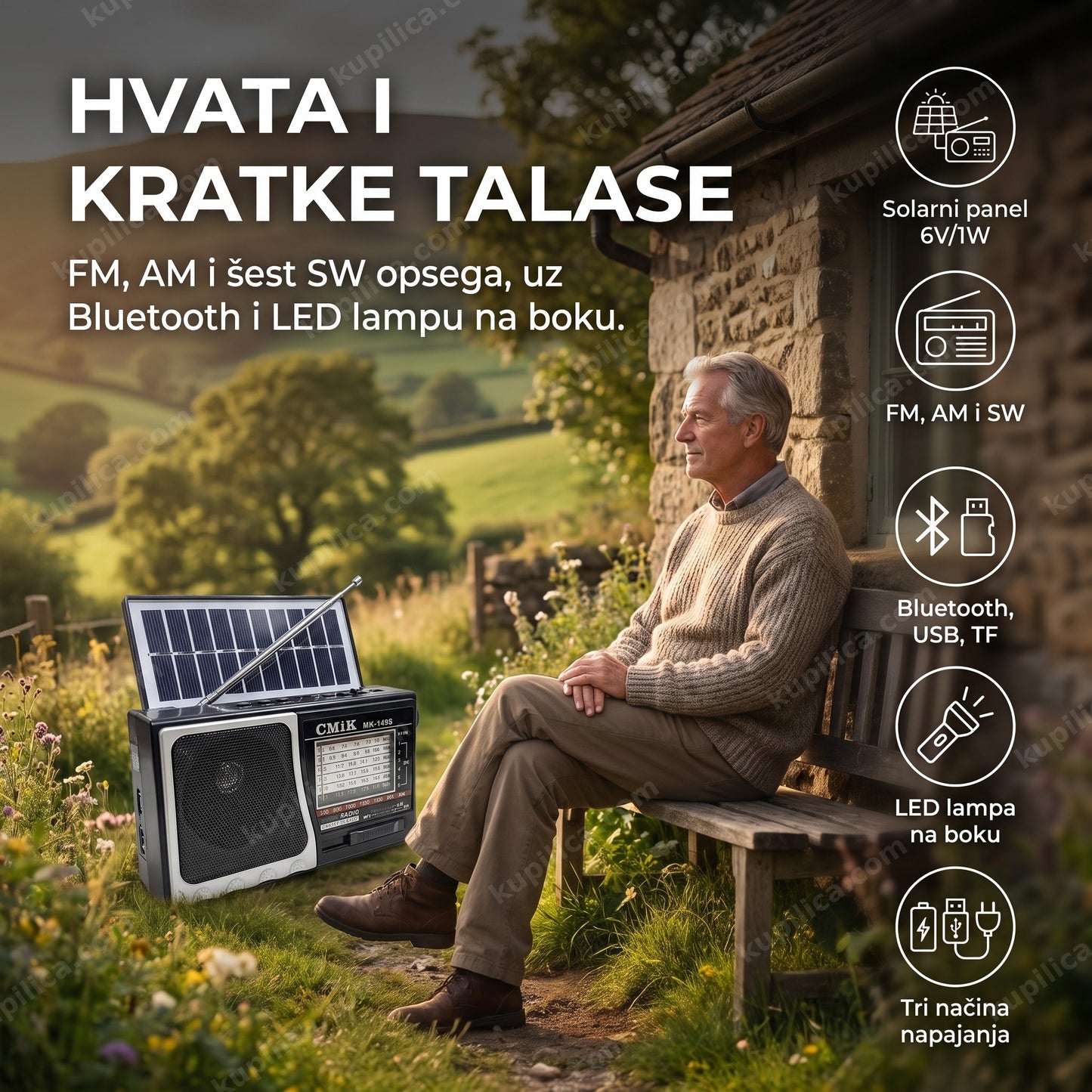 solarni bluetooth radio cmik mk-149s — stariji muškarac sluša radio na klupi u dvorištu, fm am sw opsezi, led lampa na boku