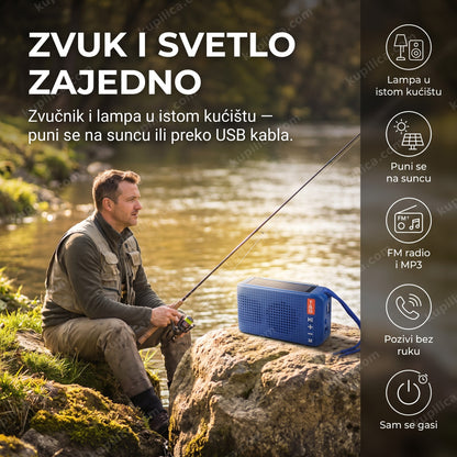 solarni bluetooth zvučnik tg-184 plavi — muškarac peca na obali reke pored zvučnika sa solarnim panelom, fm radio i lampa