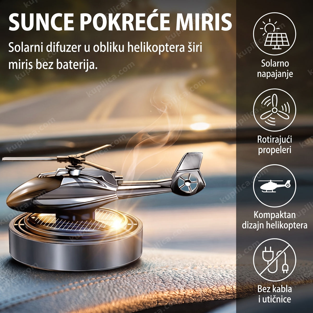 solarni difuzer za auto u obliku helikoptera na komandnoj tabli, rotor na suncu bez baterija, benefiti proizvoda