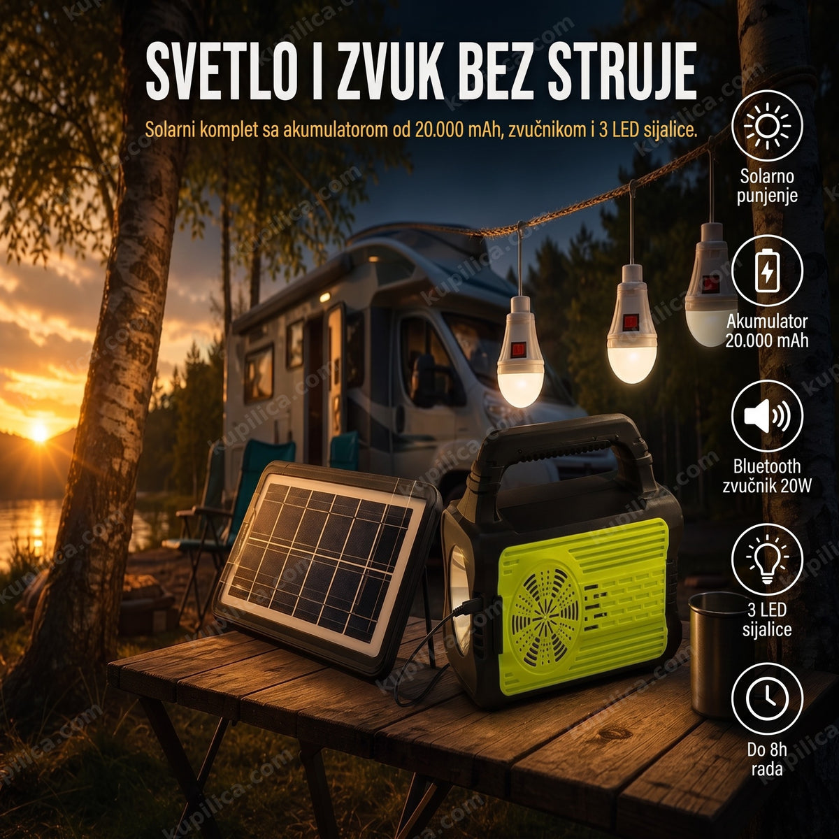 solarni komplet sa akumulatorom i bluetooth zvučnikom na kamp stolu uz upaljene LED sijalice
